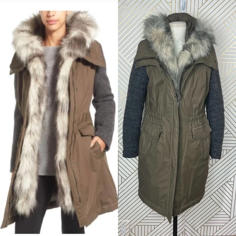 Vera Wang Faux Fur Trim Mixed Media Anorak Coat Green Khaki Size Small